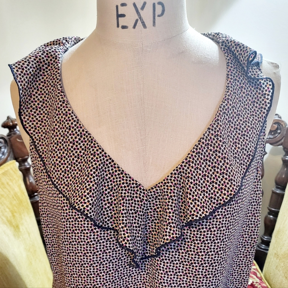 Elegant Cabi Stellar Ruffled Navy Star Themed Women's Top